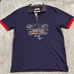 Paul Lucas Mens XL Navy Blue Nautical Sail Cote d'Azur Graphic Polo Shirt Cotton